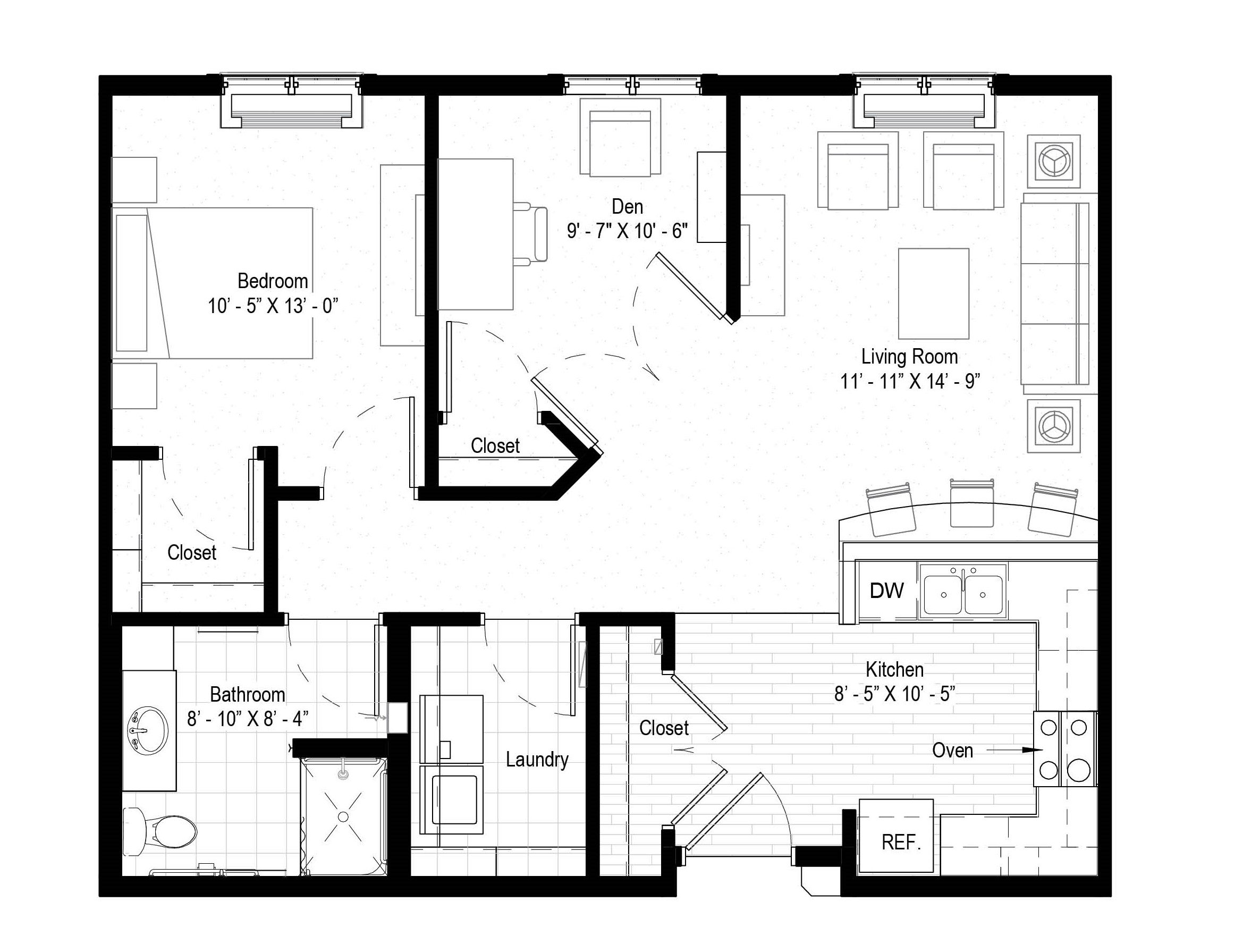 The Uppsala - 908 sq ft, 1 bedroom, 1 bathroom, den